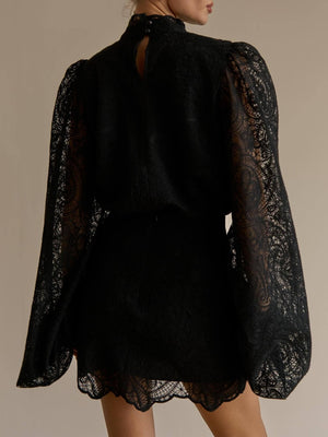 Lantern Sleeve High Neck Lace Two-piece Set
