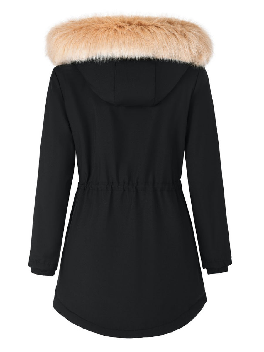 Mid-length Raincoat Water Proof Outdoor Drawstring Fur Collar Cotton-padded Jackets And Windbreakers