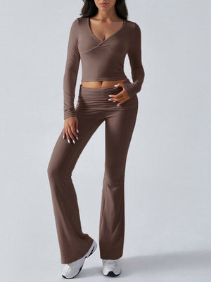 V-neck Long Sleeve Pants Pleated Navel Solid Color 2-piece Sets