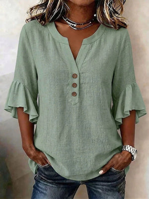 V-neck Solid Color Button Casual Ruffle Sleeve T-shirt
