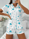 Heart-print Cardigan With Collar And Button-down Short Sleeves And Shorts, Two-piece Loungewear Set