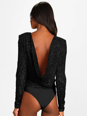 Long-sleeved, Slim-fit, Round Neck, Shimmering, Openwork Bodysuit