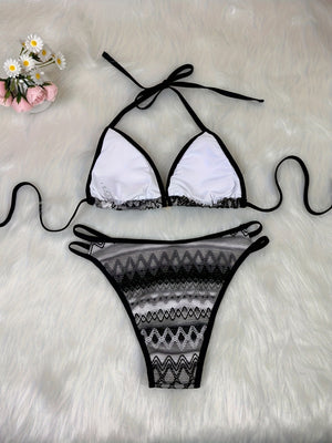 Knitted Color-blocked Striped Tie-up Bikini