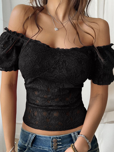 T-shirts en dentelle sexy à découpes dévoilant le ventre et épaules dénudées