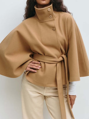 Stand Collar Large Sleeves Buttons Straps Solid Color Coats