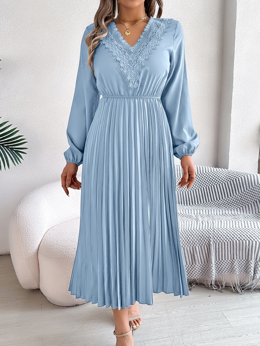 V-neck Lace Trim Fitted Waist Pleated Maxi Dresses