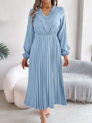 V-neck Lace Trim Fitted Waist Pleated Maxi Dresses