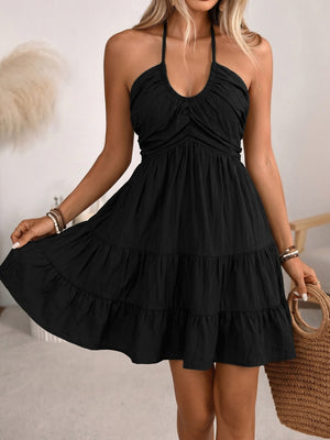 Halter V-neck Drawstring Loose-fit Vacation Maxi Dresses