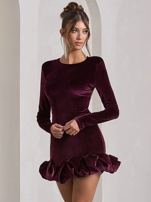 Velvet Round Neck, Three-dimensional Pleated Hem, Long Sleeves, Short Dress