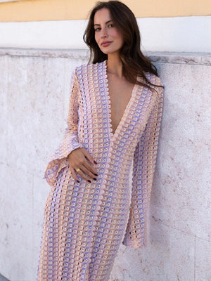 V-neck With Cutout Geometric Pattern Slit Beachwear