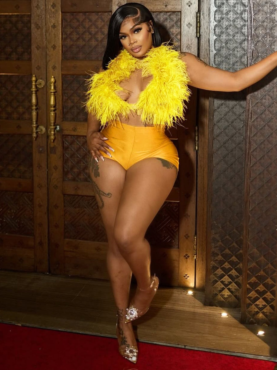 Neckband Feather Satin 2-piece Sets