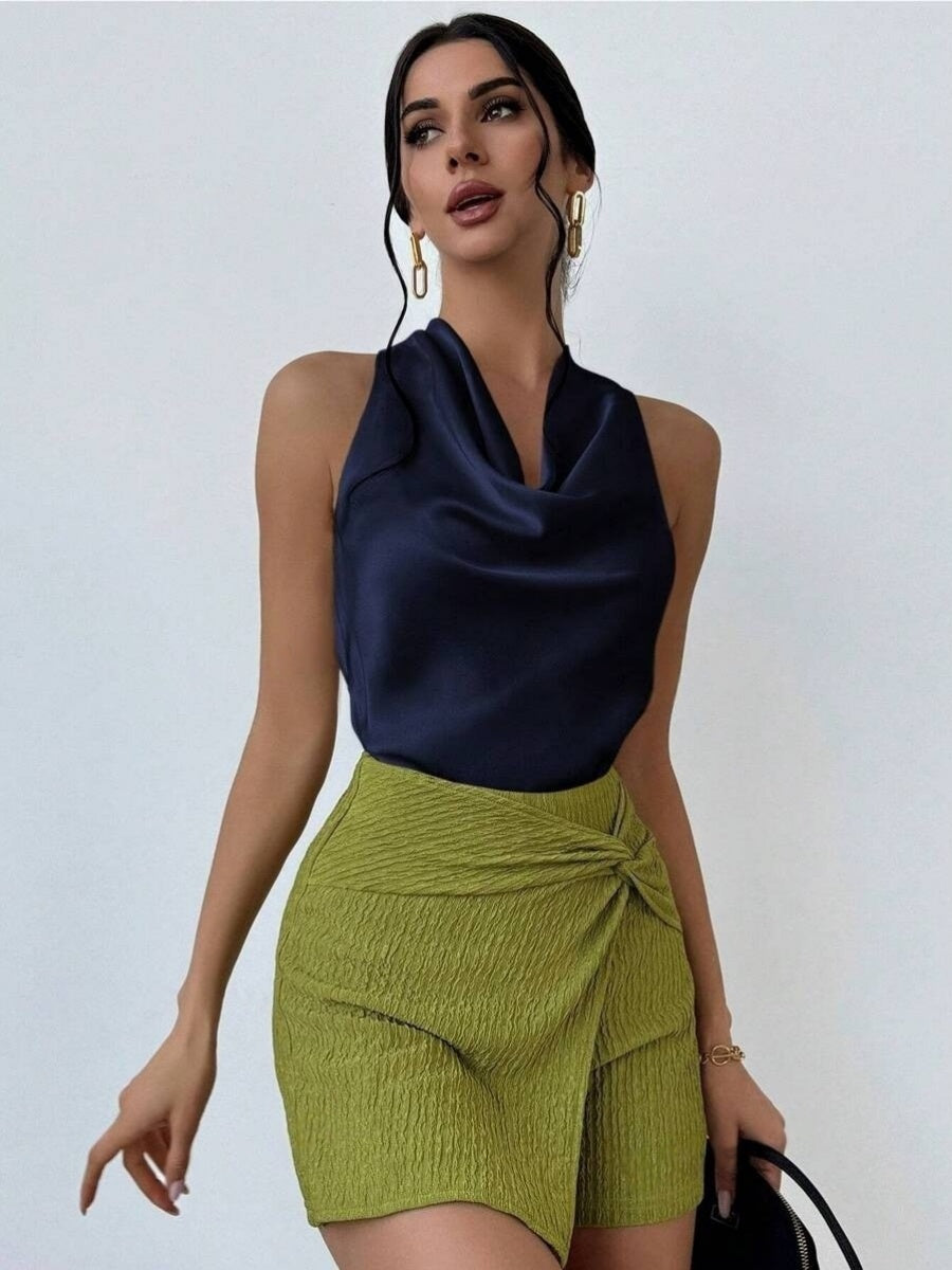 Pleats Solid Color Sexy Sleeveless Satin Satin Vest