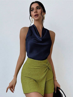 Pleats Solid Color Sexy Sleeveless Satin Satin Vest