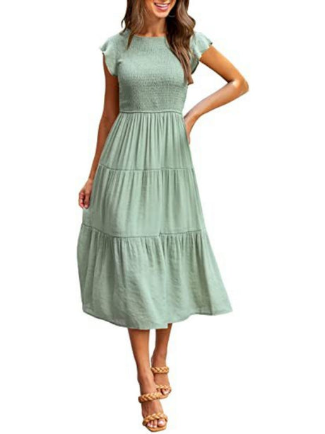 Solid Color Ruched Layered Short-sleeved Maxi Dress