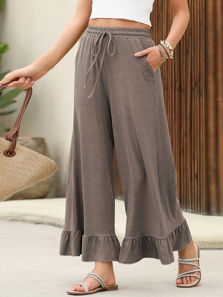 Women's Cropped Trousers With Ruffles, Thin, Loose-fitting, Casual Style