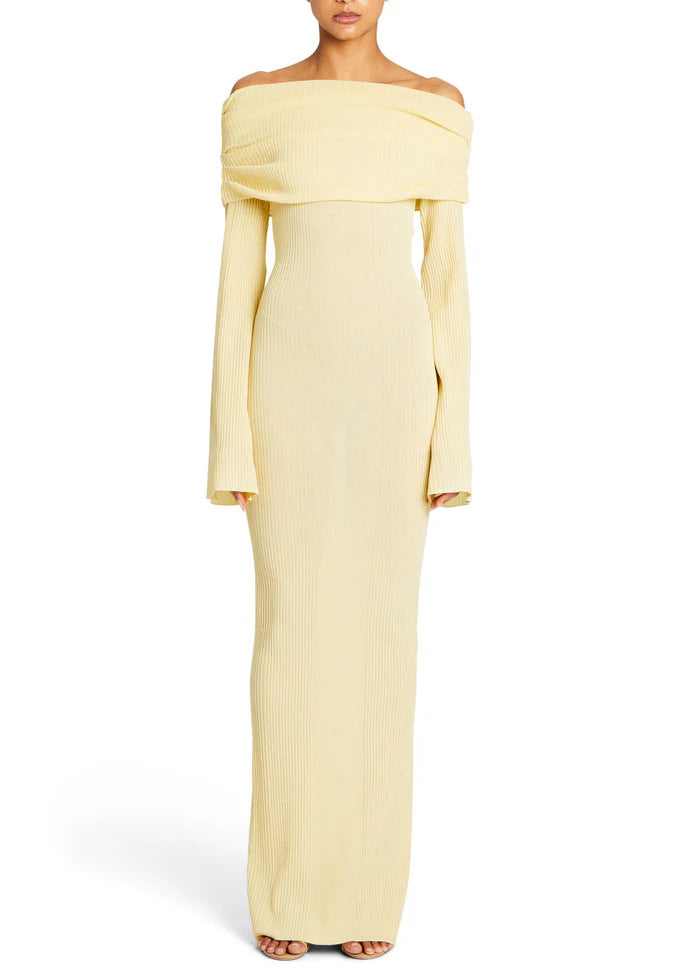 Long-sleeved Off-shoulder Pleated Knit Maxi Dress