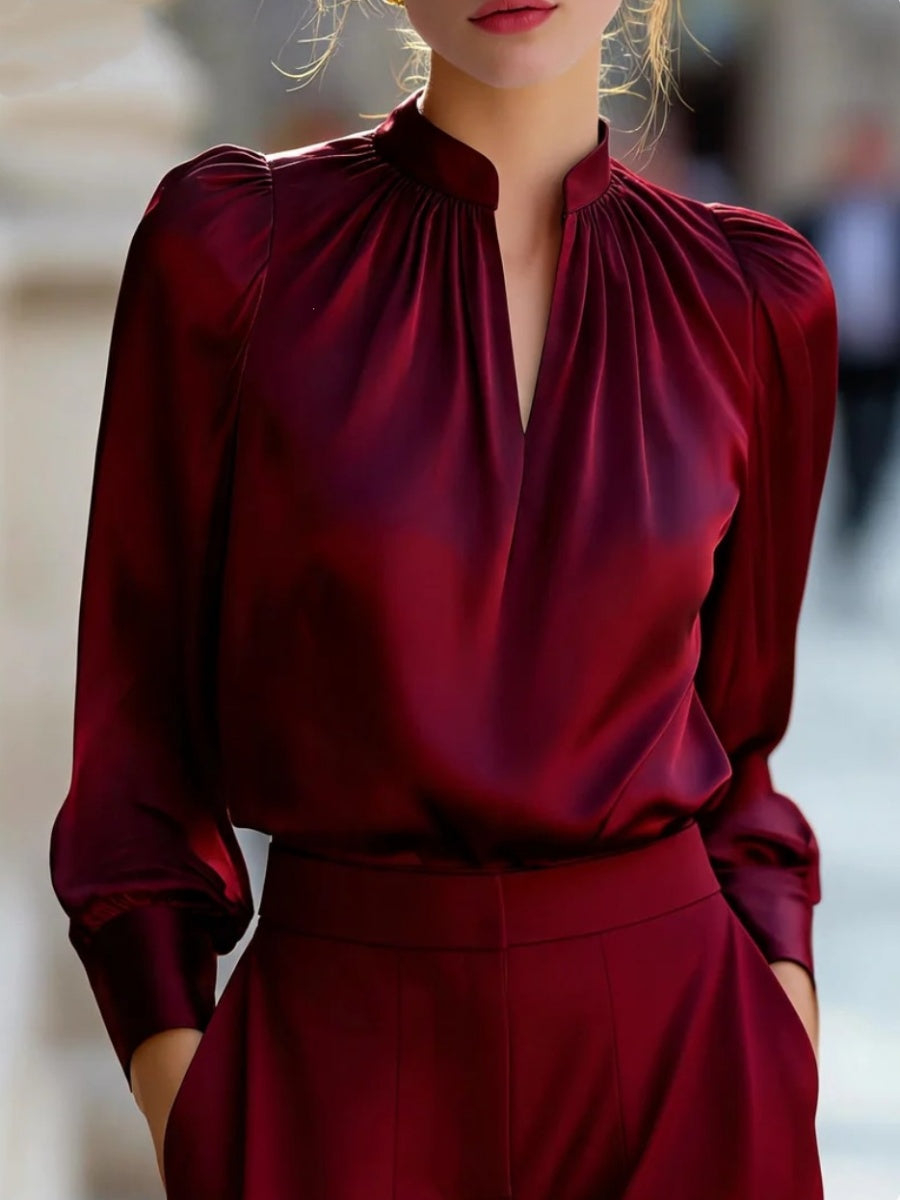 Satin Stand Collar Puff Sleeve Long Sleeve Blouse&Shirts