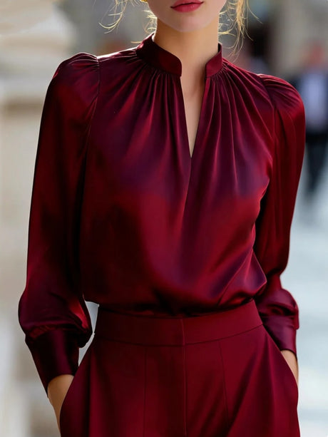Satin Stand Collar Puff Sleeve Long Sleeve Blouse&Shirts