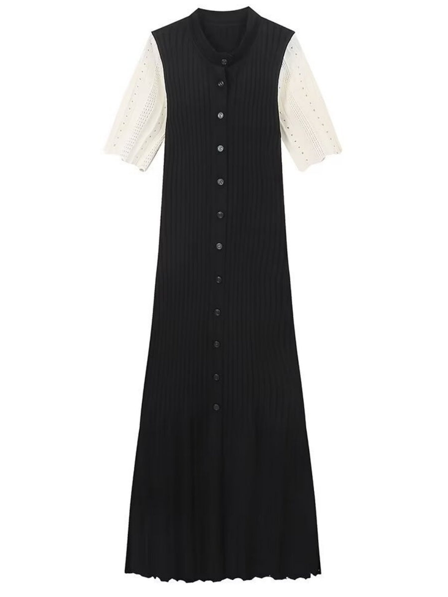 Short Sleeve Buttons Slit Knitting High Waist Workplace Maxi Dresses