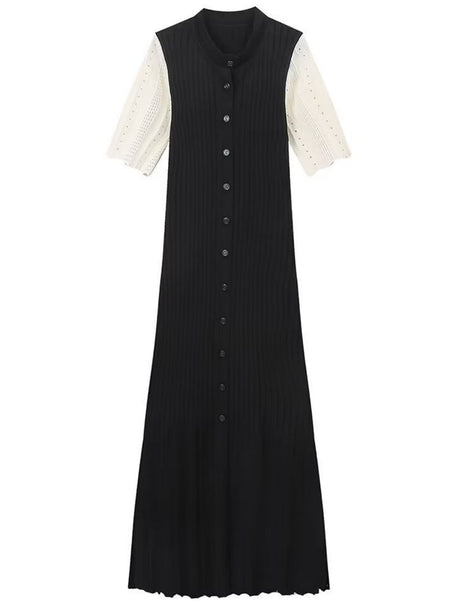 Short Sleeve Buttons Slit Knitting High Waist Workplace Maxi Dresses