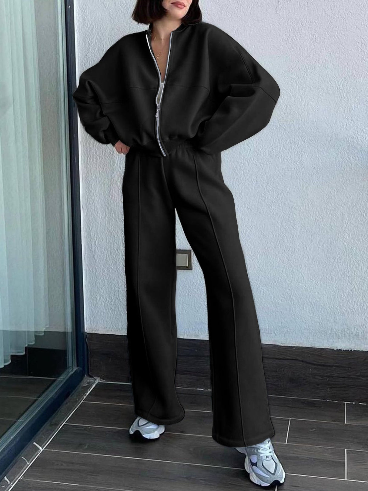 Sporty Style Long-sleeved Jacket Solid Color Trousers Two-piece Set