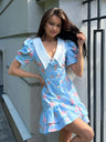 Waist Printed Floral Lapel Puff Sleeve Sweet Mini&Short Dresses