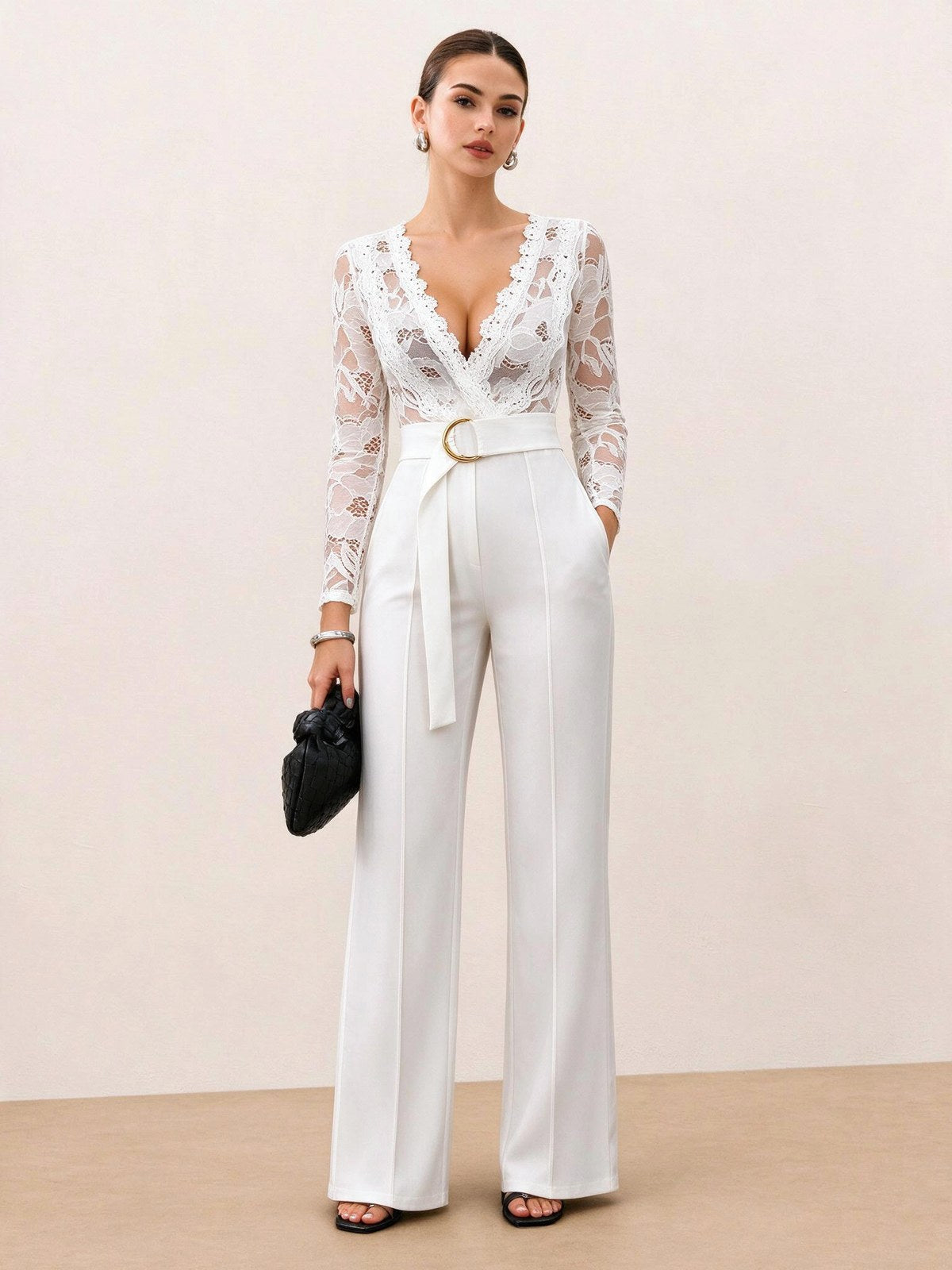Lace Stitching V-neck Long Sleeve Temperament Grace Jumpsuits