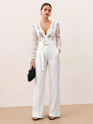 Lace Stitching V-neck Long Sleeve Temperament Grace Jumpsuits