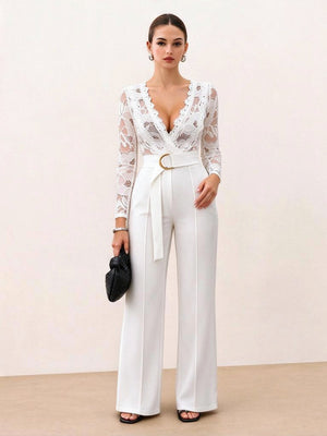 Lace Stitching V-neck Long Sleeve Temperament Grace Jumpsuits