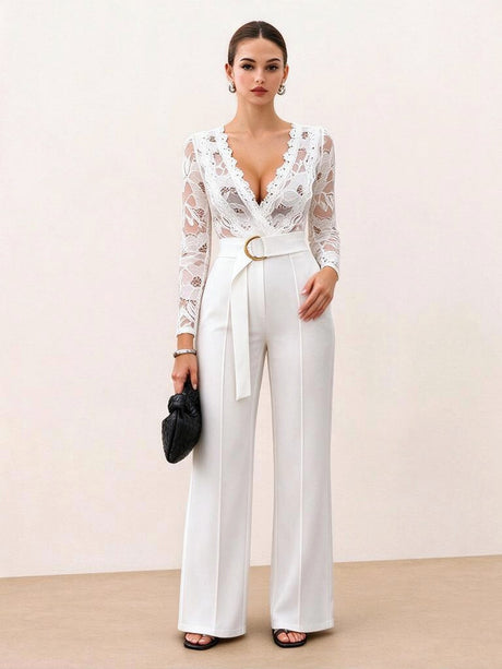 Lace Stitching V-neck Long Sleeve Temperament Grace Jumpsuits