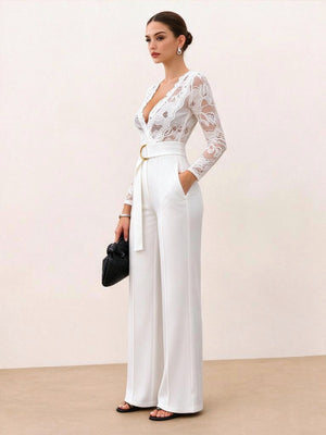 Lace Stitching V-neck Long Sleeve Temperament Grace Jumpsuits