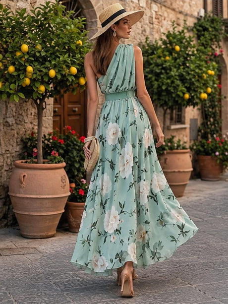 Sloping Shoulders Printed Vacation Temperament Maxi Dresses