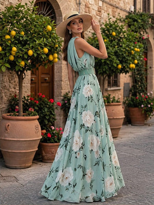 Sloping Shoulders Printed Vacation Temperament Maxi Dresses
