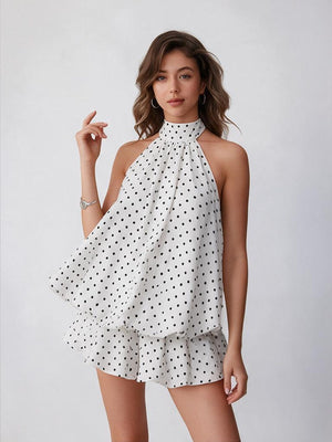 Halter Backless Lace Up Bud Polka Dots Mini&Short Dresses