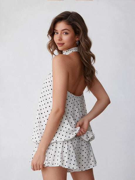 Halter Backless Lace Up Bud Polka Dots Mini&Short Dresses