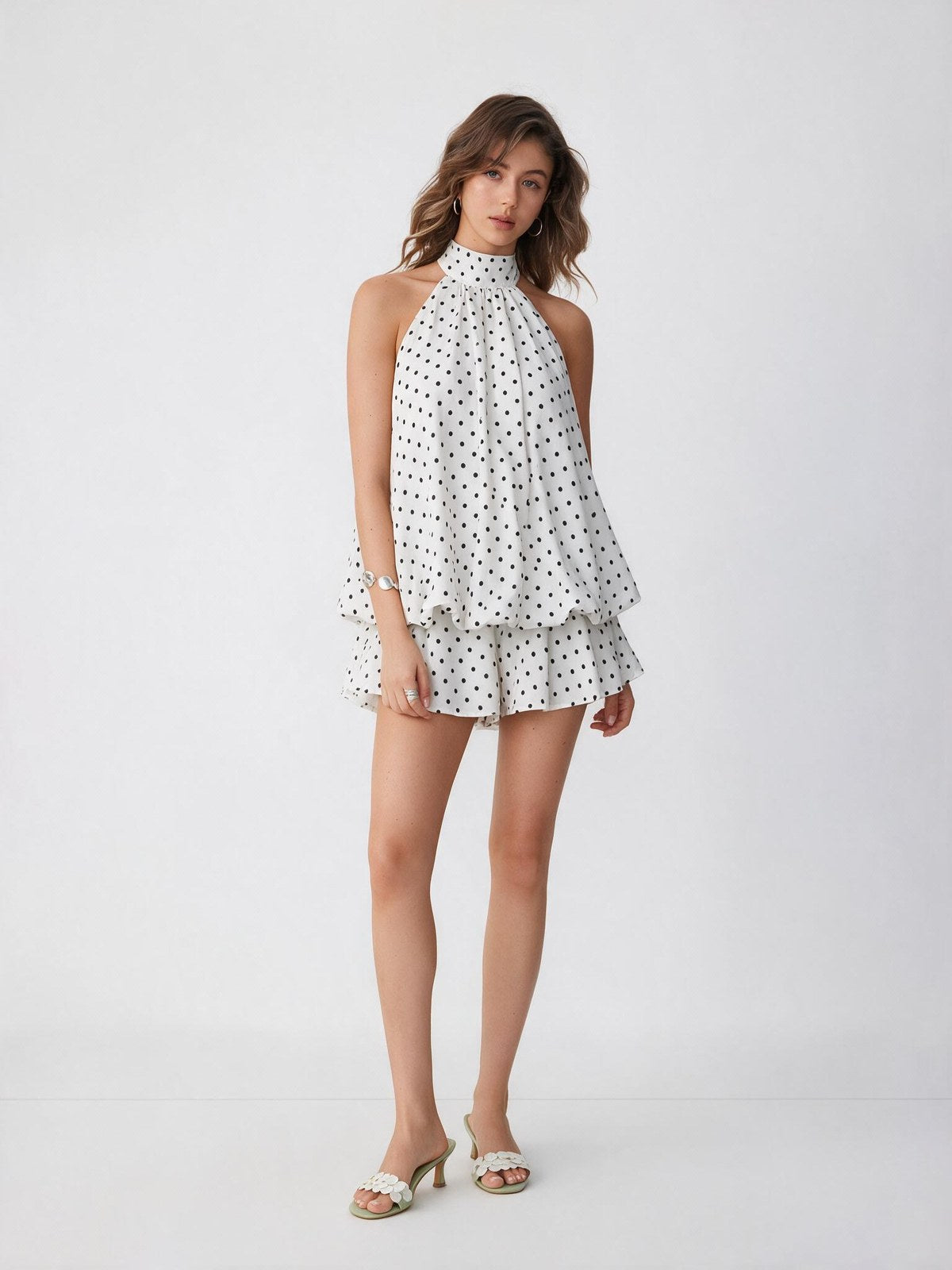 Halter Backless Lace Up Bud Polka Dots Mini&Short Dresses
