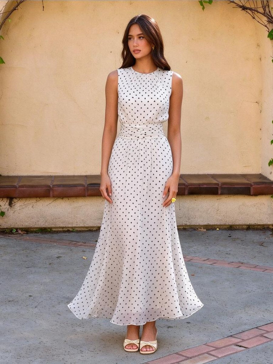 Sleeveless Polka Dots Waist Grace Temperament Maxi Dresses