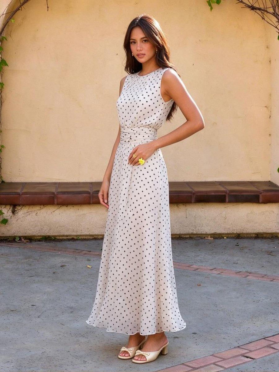 Sleeveless Polka Dots Waist Grace Temperament Maxi Dresses
