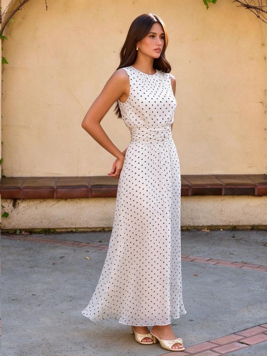 Sleeveless Polka Dots Waist Grace Temperament Maxi Dresses