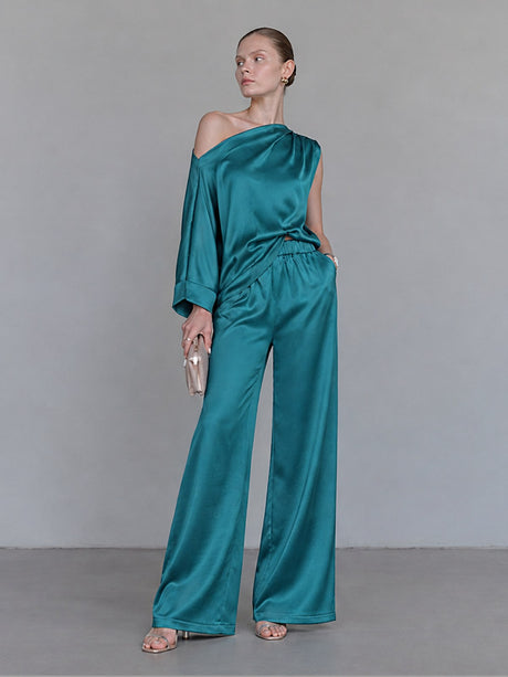 Satin Sloping Shoulders Short Sleeve TOP Wide-leg Pants 2-piece Sets