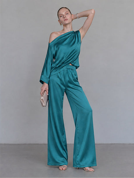 Satin Sloping Shoulders Short Sleeve TOP Wide-leg Pants 2-piece Sets