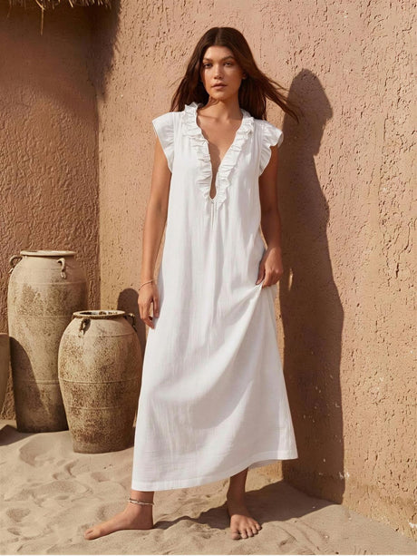 V-neck Pleats Solid Color Long Dress
