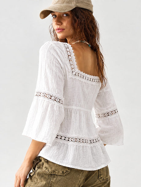 Lace Patchwork Cotton And Linen Square Neckline And Three-quarter Sleeves T-shirts