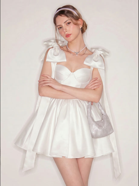 Glossy Fabric, Bow Design, Spaghetti Strap Mini Dress