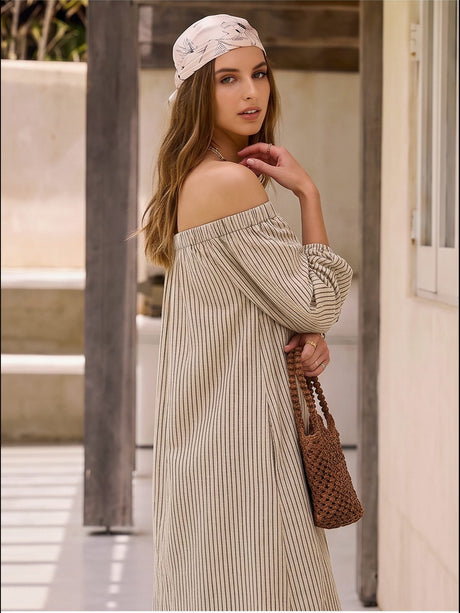 Striped Off-the-shoulder Linen Resort-style Long-sleeved Dress