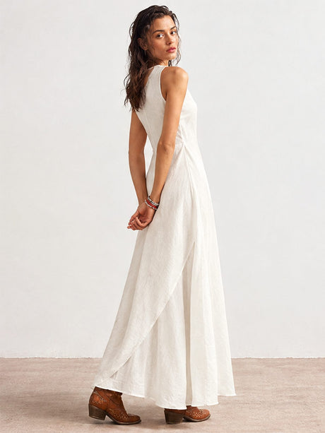 Sleeveless Asymmetrical Hem Cotton-linen Blend Long Dress