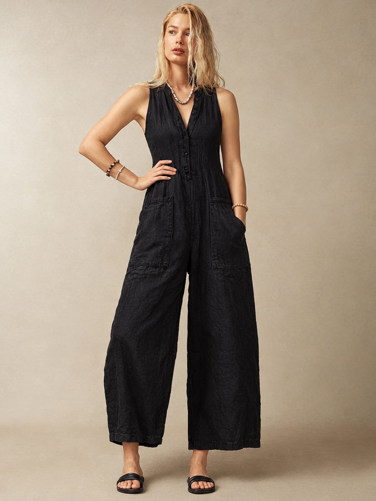 Simple Linen Blend Button-down Stand Collar Sleeveless Loose-fitting Jumpsuit