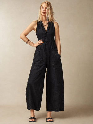 Simple Linen Blend Button-down Stand Collar Sleeveless Loose-fitting Jumpsuit