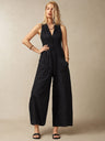Simple Linen Blend Button-down Stand Collar Sleeveless Loose-fitting Jumpsuit