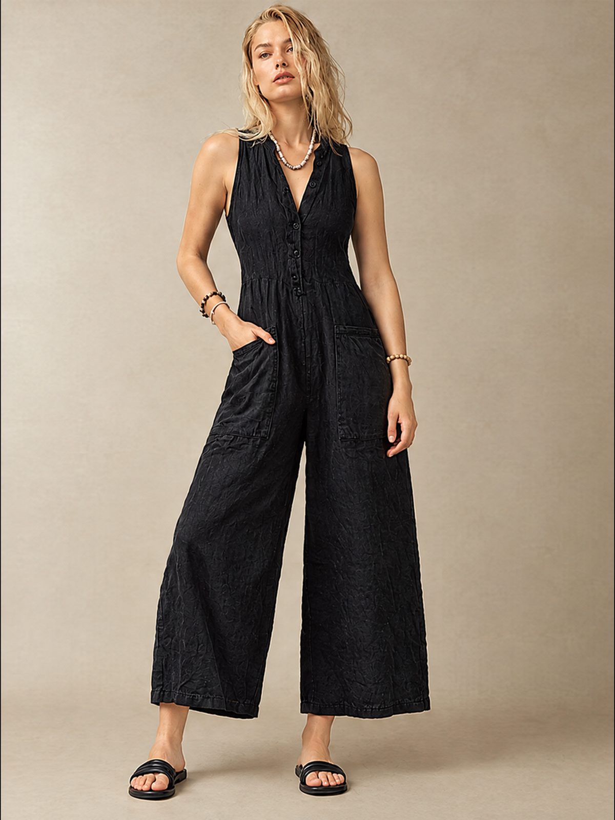 Simple Linen Blend Button-down Stand Collar Sleeveless Loose-fitting Jumpsuit